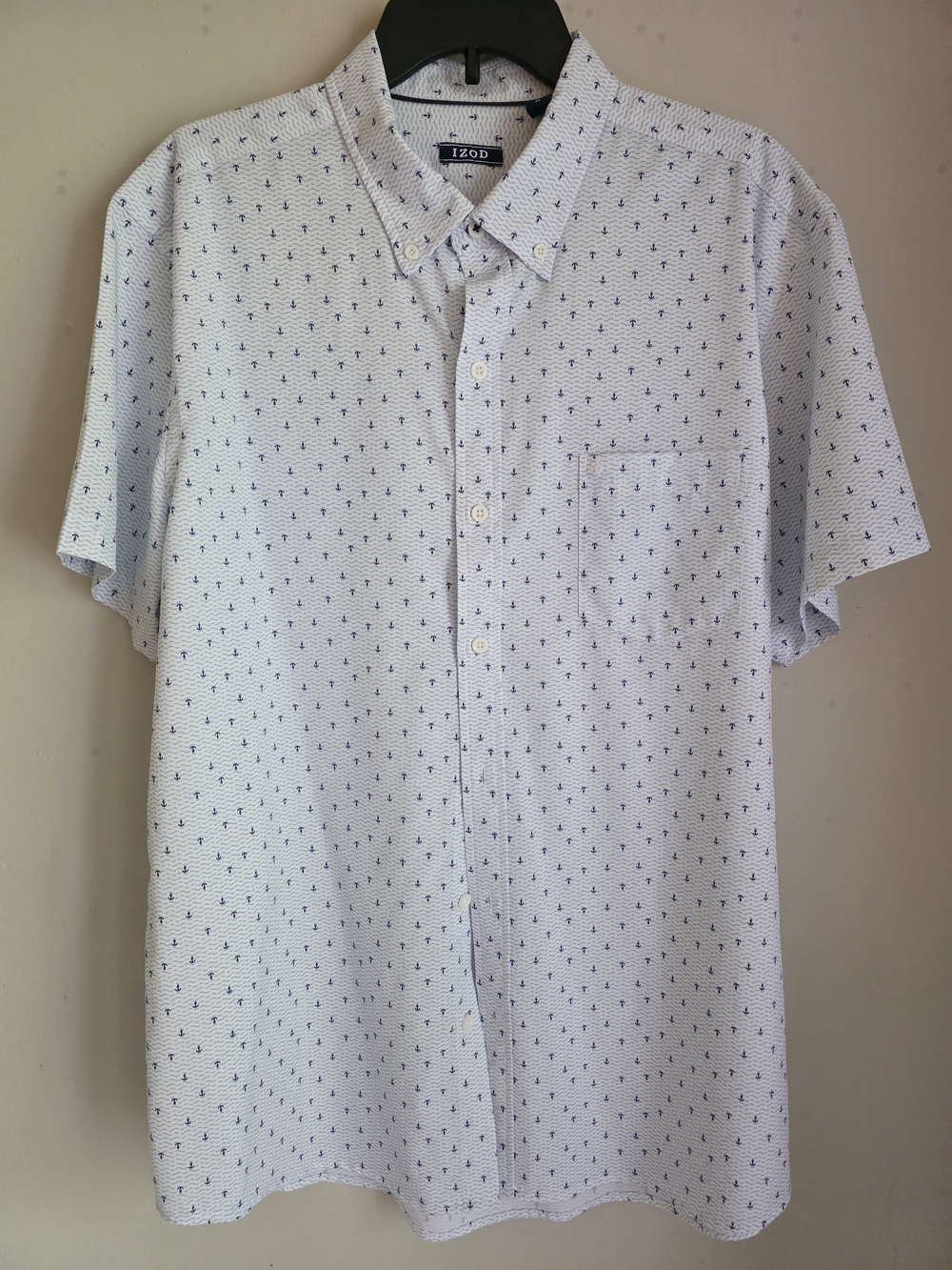 Izod White Short-Sleeve Button-Down Shirt with Navy Anchor Micro Print XL
